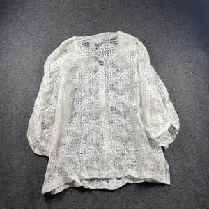 BELLA PELLE White Lace Button‑Front Blouse XL Made in USA Sheer Crochet Retro